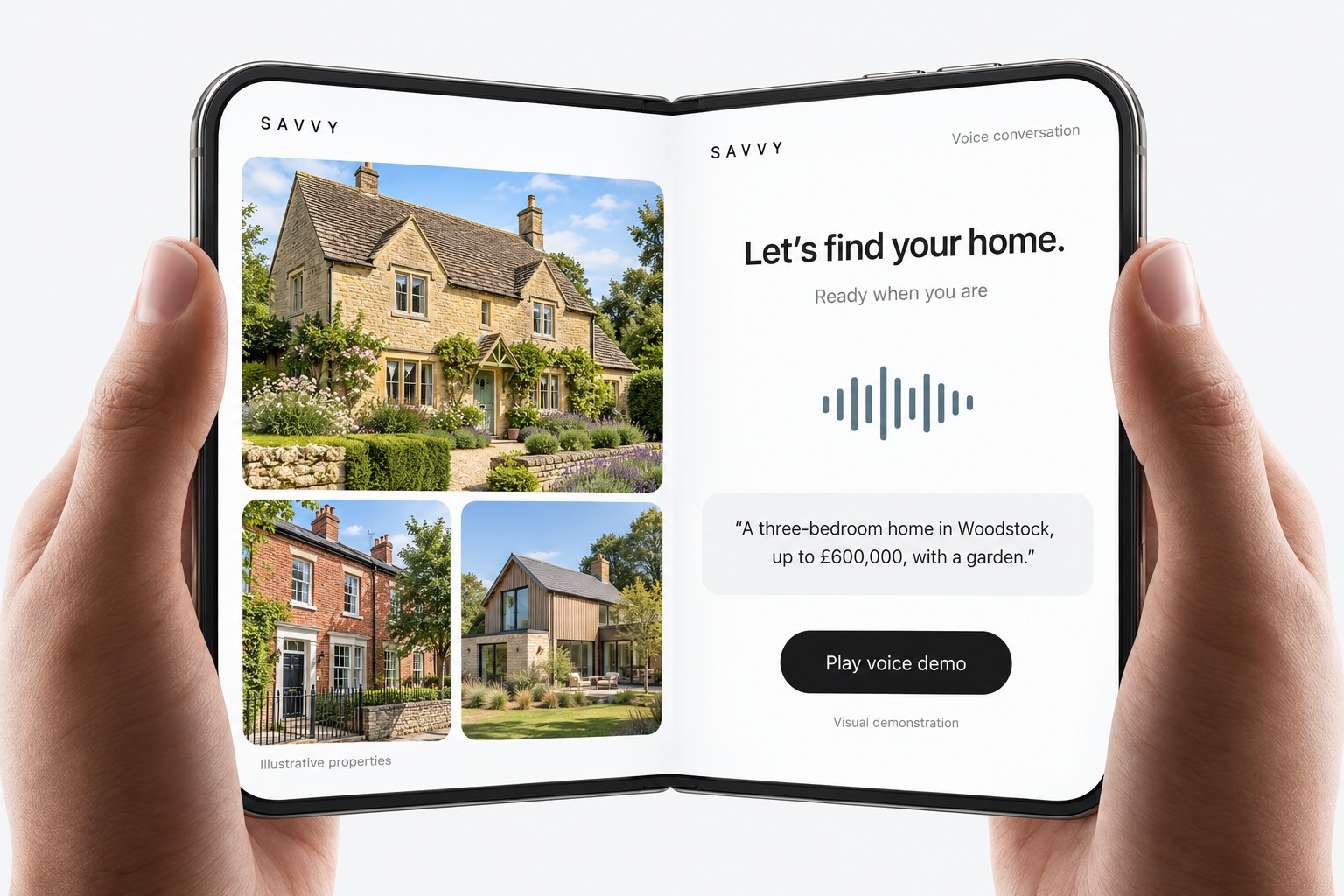 Open foldable phone held in two hands: illustrative UK property photographs on the left and Savvy’s voice conversation interface on the right