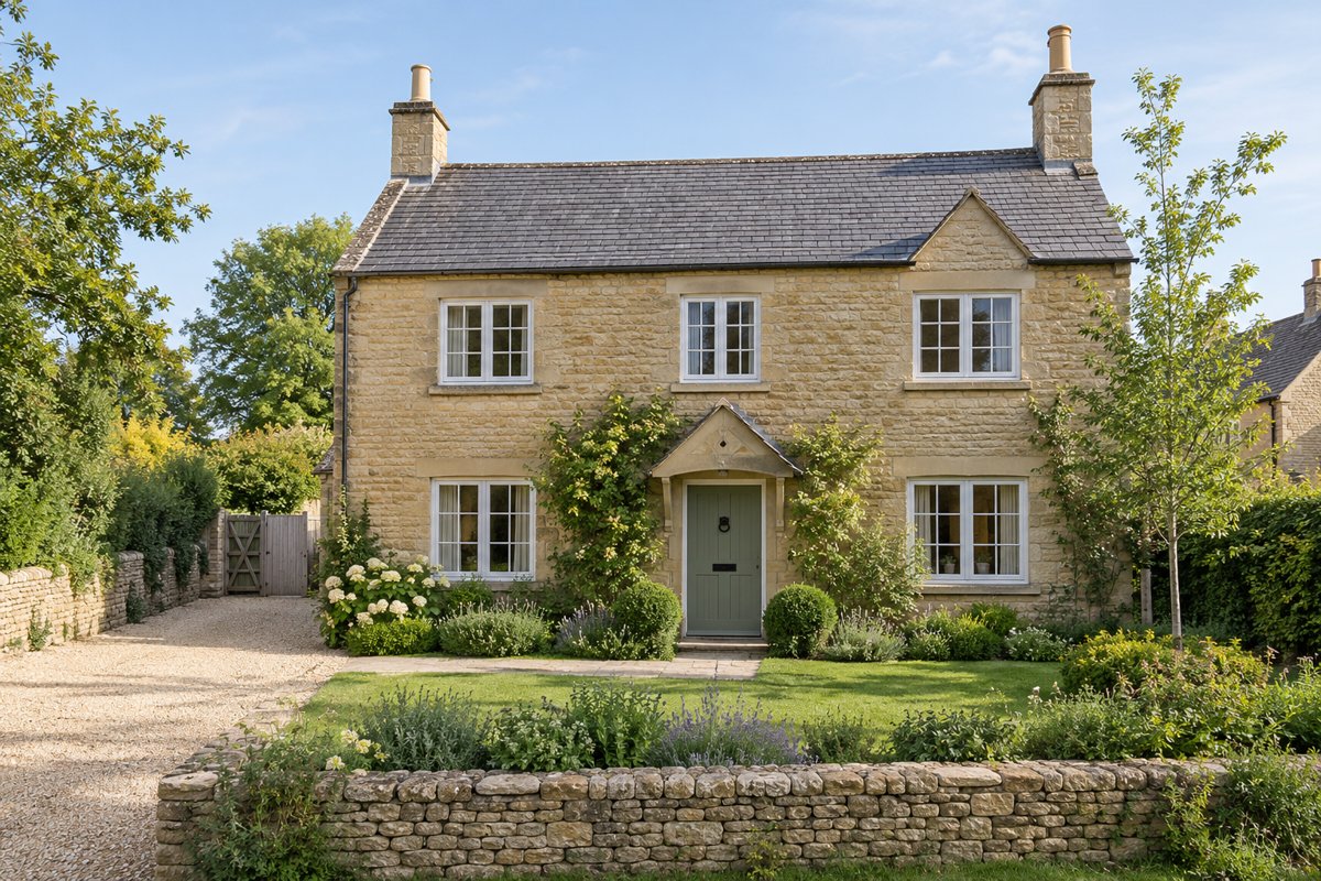 Illustrative three-bedroom limestone house with a garden